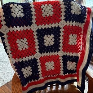 Handmade Patriotic Red, White & Navy Blue Crochet Granny Square Blanket